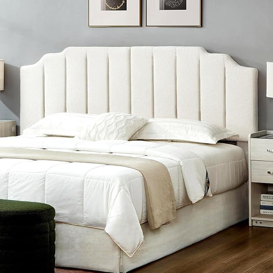 24KF White Teddy Fabric Tufted King Upholstered Headboard, Modern Vertical Channel Design California King Headboard with Stepped Silhouette Top Edge,6026-K-Teddy White-CasaMuseHome