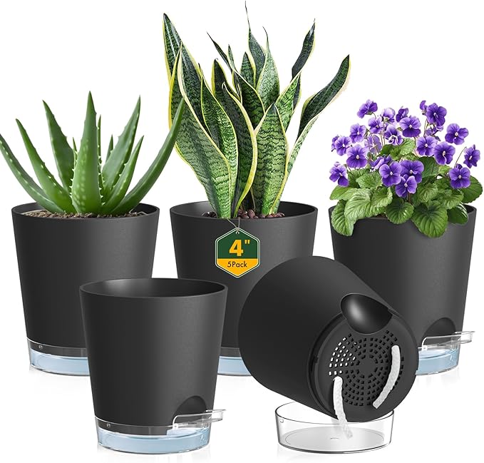 4 inch Self Watering Pots for Indoor Plants, 5 Pack Small Flower Plant Pots with Drainage Holes and Clear Reservoirs, Visible Water Level, Plastic Planters with Wicking Rope, Black-CasaMuseHome
