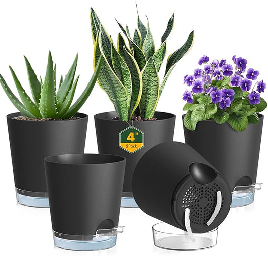 4 inch Self Watering Pots for Indoor Plants, 5 Pack Small Flower Plant Pots with Drainage Holes and Clear Reservoirs, Visible Water Level, Plastic Planters with Wicking Rope, Black-CasaMuseHome