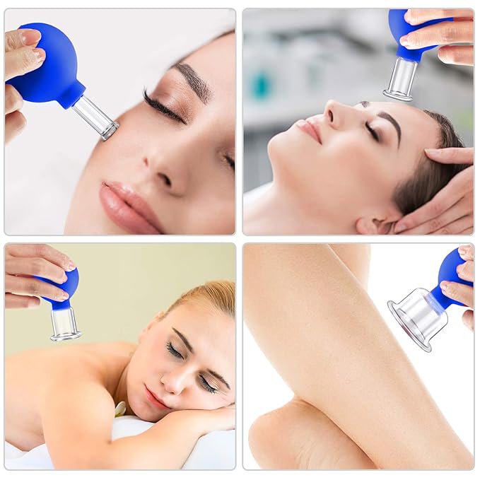 4 Size Facial Cupping Therapy Set Glass, Eye Face Vacuum Massage Anti Cellulite Cup - Silicone Cupping Massage Therapy, for Beauty Body Cup Fascia Massager (Gift Box Packaging-Blue)-CasaMuseHome