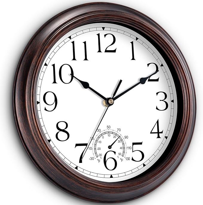 12 Inch Outdoor Wall Clock with Thermometers, Vintage Silent Wall Clocks Battery Operated, Retro Non-Ticking Clock Decorative for Living Room, Patio, Kitchen, Office, Bathroom, Bedroom(Bronze)-CasaMuseHome