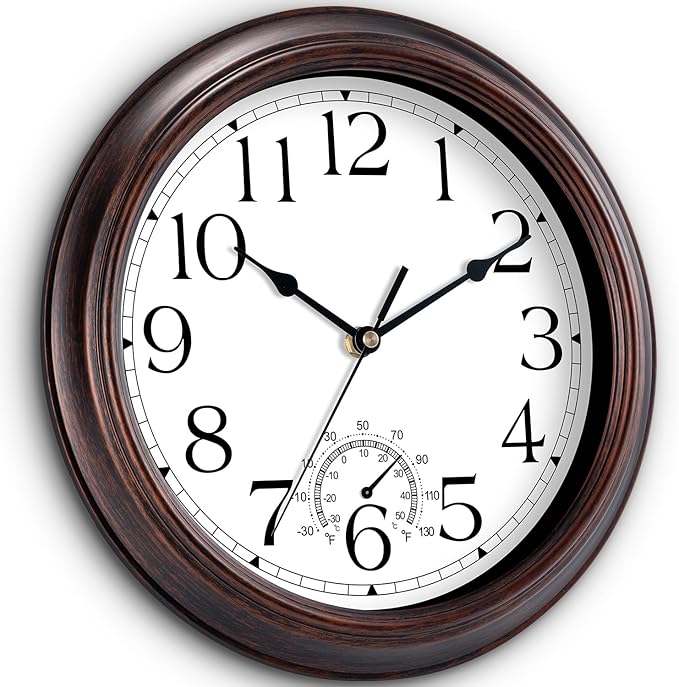 10 Inch Outdoor Wall Clock with Thermometers, Vintage Silent Wall Clocks Battery Operated, Retro Non-Ticking Clock Decorative for Living Room, Patio, Kitchen, Office, Bathroom, Bedroom(Bronze)-CasaMuseHome