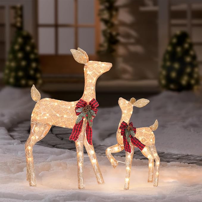 2 Pcs Reindeer Christmas Decoration, Xmas Lighted Golden Shimmering Doe and Fawn Display Set with 105 Warm White Lights for Yard Lawn Indoor Outdoor-CasaMuseHome