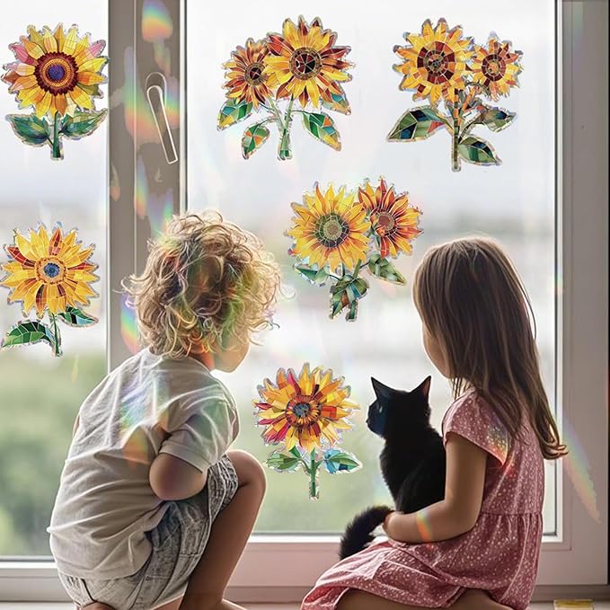 12pcs Window Decals for Bird Strikes, Anti Collision Window Clings, Rainbow Reflection Window Sticker, Sunflower Style Sun Catcher Stickers for Glass Windows-CasaMuseHome