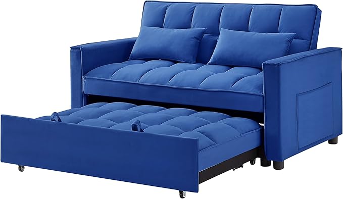 3 in 1 Convertible Sleeper Sofa Bed,Futon Loveseat Couch with Pull-Out Bed & Adjustable Backrest,Velvet Fabric Sofa with Side Pocket for Small Apartment, Living Room, Office (Blue)-CasaMuseHome