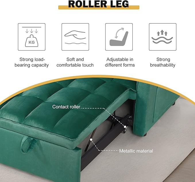 3 in 1 Sleeper Sofa Bed, Futon Sofa Bed for Living Room with Side Pocket, Green Sleepers Sofas Couch with Pullout Beds, Convertible Love Seat Sleepers Couch for Living Room, Bedroom-CasaMuseHome