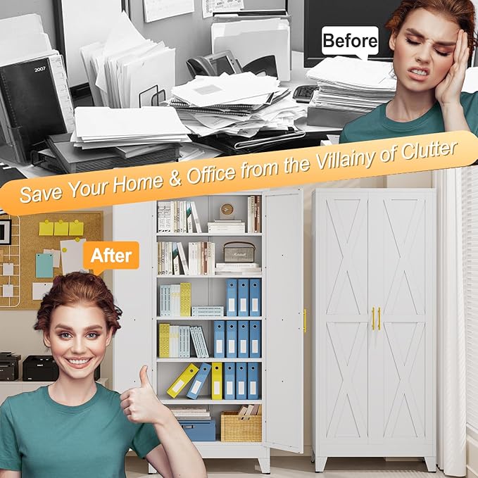 75" Tall Metal Kitchen Pantry Storage Cabinet, Freestanding Cupboard with 2 Doors and 5 Adjustable Shelves, Standing Storage for Kitchen, Bathroom, Garage, Dinning Room or Utility Room（White）-CasaMuseHome