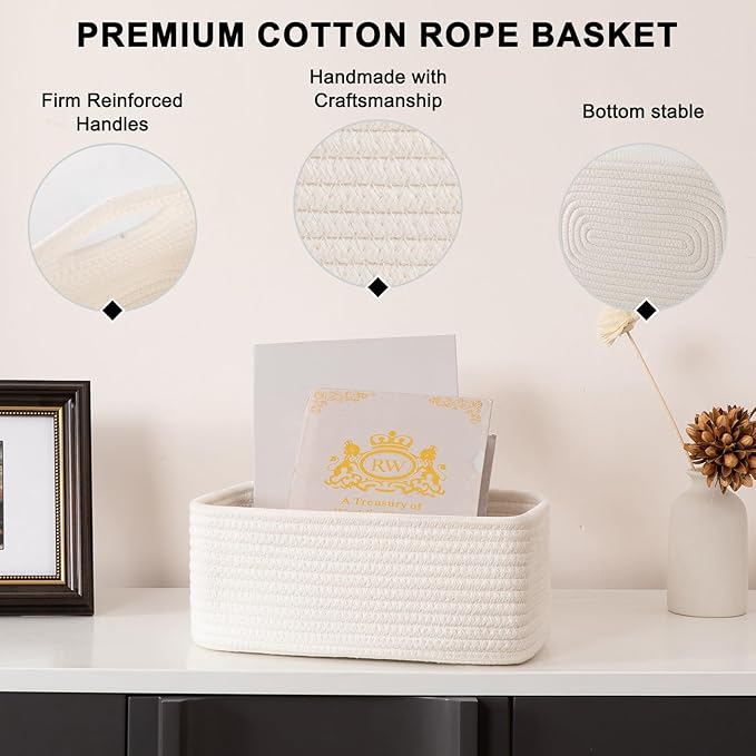 4 Pack Small Storage Shelf Baskets for Organizing, Mini Woven Rope Storage Bins for Towels, Cute Decorative Closet Organizer，Baby Nursery, Gift Empty Baskets -11.81''Lx7.87''Wx4.72''H-White-CasaMuseHome