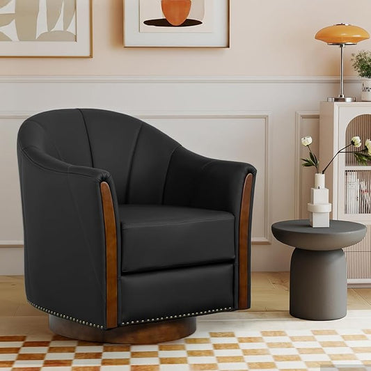 360° Swivel Accent Chair, Modern Leather Barrel Club Chair with PU Leather Upholstery and Sturdy Wood Base, Comfortable Armchair for Living Room, Bedroom, Reading Nook, Black-CasaMuseHome