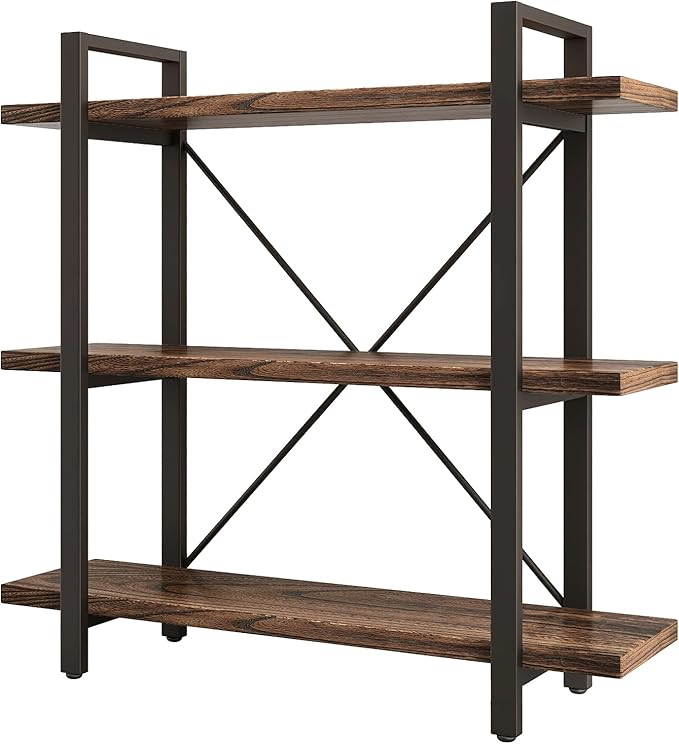 3 Tier Bookshelf Modern Rustic Open Bookshelf Office Solid Wood Bookcase and Book Shelves Wood and Metal Shelving Unit,Distressed Brown (AY-02-3Tier)-CasaMuseHome