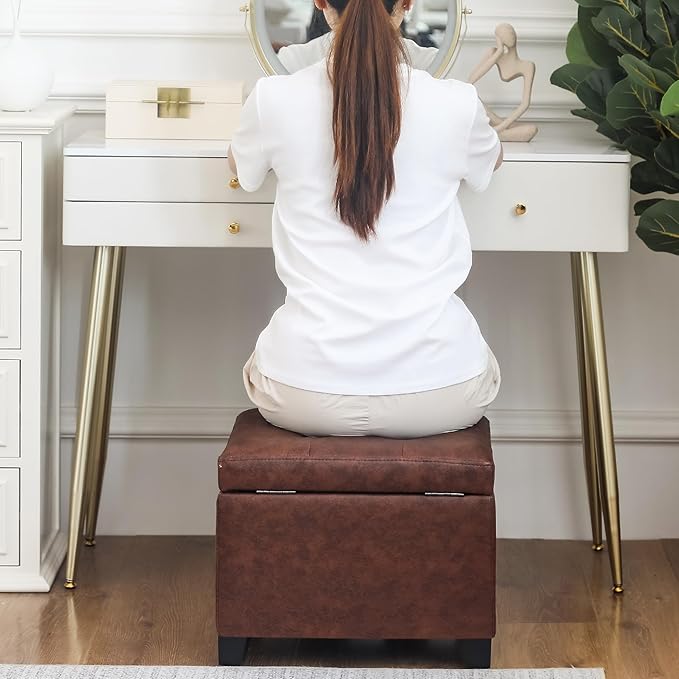 Adeco Faux Leather Storage Ottoman Bench with Wood Legs, 17.7" Square Red and Brown PU Cube Foot Stool, Upholstered Button Tufted Vanity Chair with Hinged Lid for Living Room, Bedroom, Dorm-CasaMuseHome