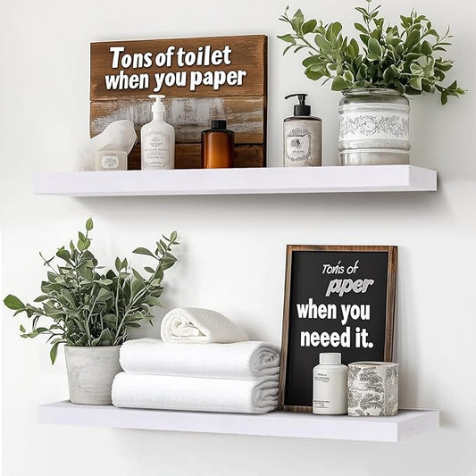 24"x6.8"x1.2" Solid Wood Floating Shelves 2-Pack - Rustic White Finish with Hidden Brackets, Perfect for Storage and Décor in Living Room, Kitchen, Bedroom-CasaMuseHome