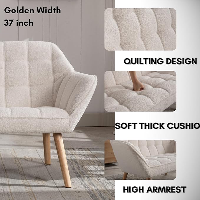 48”Small Loveseat Sofa, Modern Sherpa Upholstered Mini Couch 2-Seater Fluffy Love Seat with Quilting Backs and Wood Legs for Living Room, Bedroom and Small Space, White-CasaMuseHome