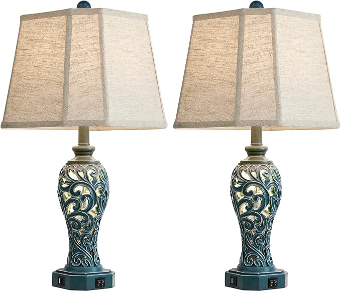 25'' Farmhouse Table Lamps Set of 2 for Living Room Bedroom, 2 USB Ports Coastal Vintage Table Lamp with Nightlight, Blue Green Hollow Out Resin Lamp for End Table (Bulbs Included)-CasaMuseHome