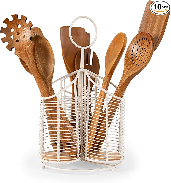 360° Rotating Kitchen Utensil Holder- 3 Compartment Organizer with Cork Bottom | Includes Premium 9-Piece Acacia Wood Utensil Set | Professional Luxury Design | Metal Utensil Crock (Matte white)-CasaMuseHome