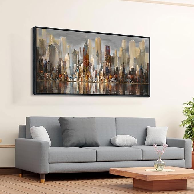 Abstract Brown New York City canvas Wall Art Framed Large Wall Art for Living Room Modern Paintings for Bedroom Cityscape New York Wall Decor Artwork Wall Pictures for Office and Bedroom 24×48in-CasaMuseHome