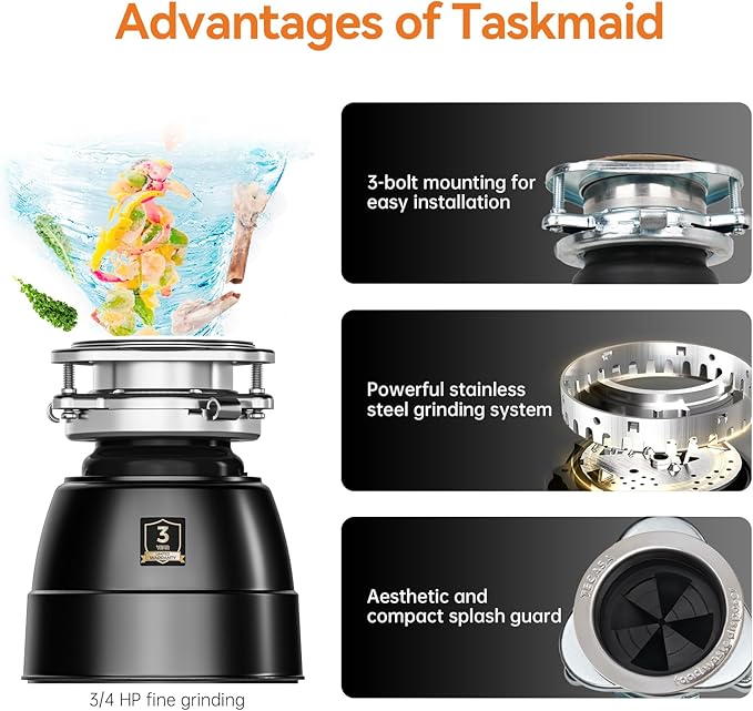 3/4 HP Garbage Disposal, TECASA Food Garbage Disposal with Power Cord, Stainless Steel Grinding System and 3-Bolt Mounting, Continuous Feed Garbage Disposals, Quiet, Taskmaid Series 75-CasaMuseHome
