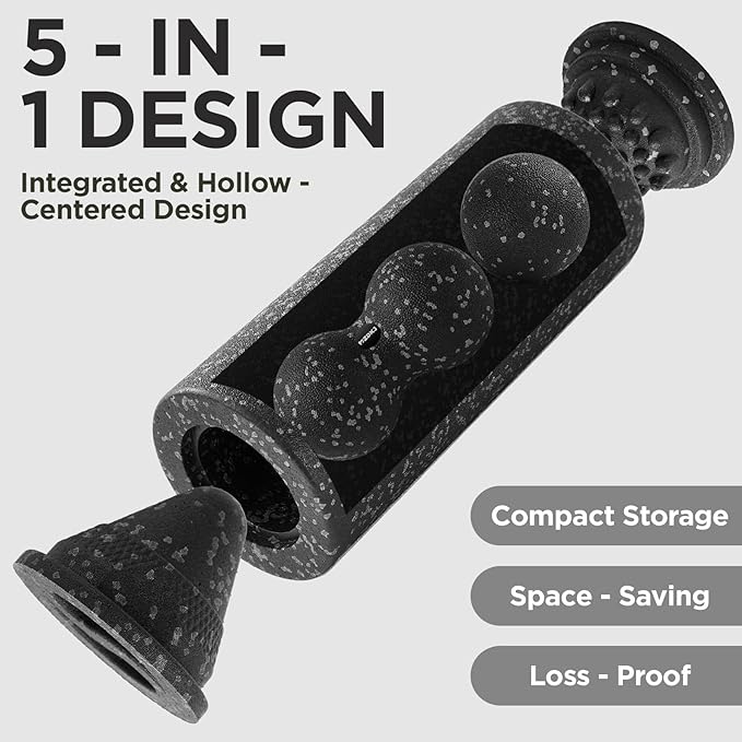 5 in 1 Foam Roller Set with Peanut Massage Ball, Curved Muscle Brush - Yoga Roller, Massage Ball, Trigger Point Triangle for Deep Tissue Relief (Black Gray)-CasaMuseHome