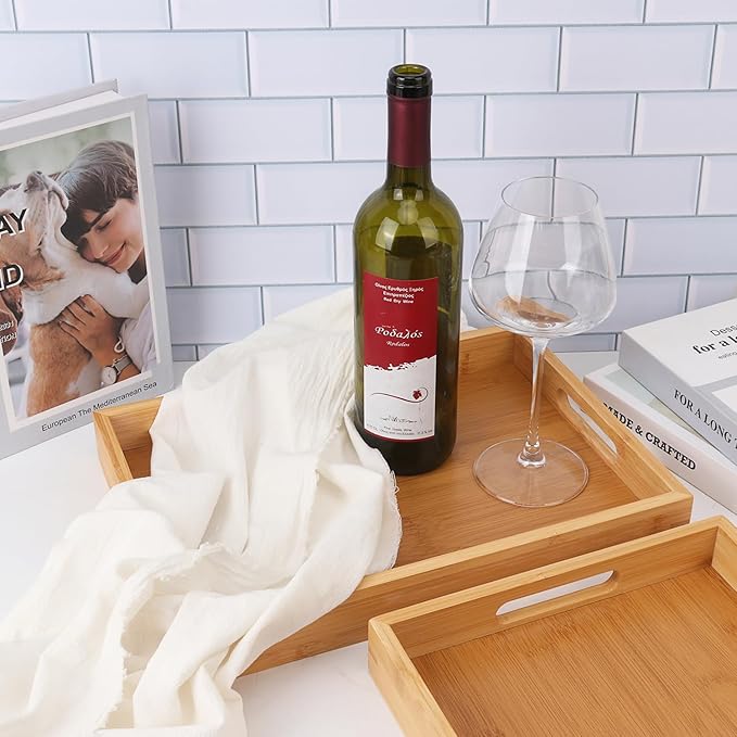 3 Pack Large Bamboo Serving Tray with Handles, 14 x 10 inch Wooden Dinner Tray, Home Kitchen Breakfast Trays for Living Room Bedroom Kitchen Dinner Table, Picnic-CasaMuseHome