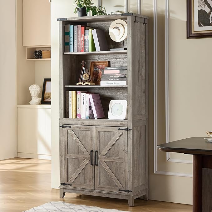 5 Tier Bookshelf 70in Tall Bookcase with Barn Doors and Storage Cabinet, Grey Farmhouse Book Shelf with Adjustable Shelves, Wood Freestanding Display Bookshelves for Bedroom, Kitchen (3PCS)-CasaMuseHome