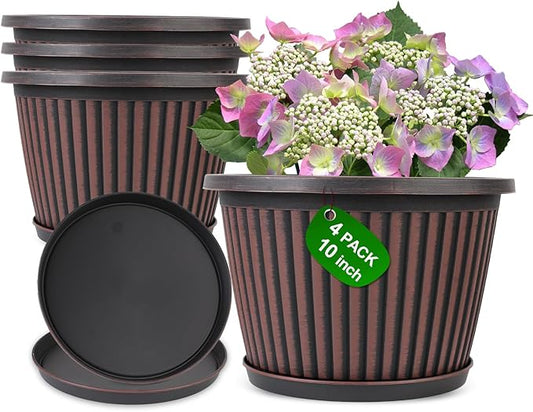 10 Inch Planter-Pots-for-Plants-Indoor-Outdoor, 4 Pack Plastic Flower Pots with Saucer & Drainage Holes, Modern Decorative Resin Garden Pots-CasaMuseHome
