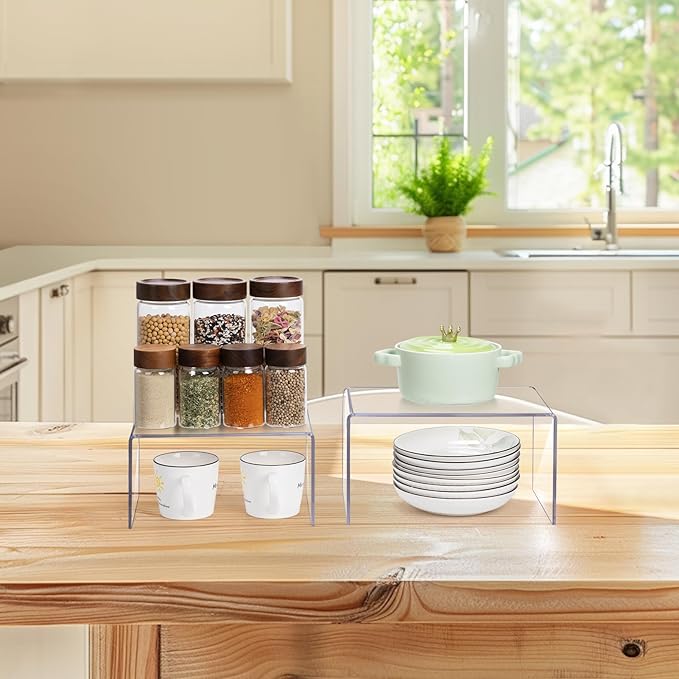 Acrylic Clear Kitchen Rack for Dishes, Spices Jars and Mugs, Kitchen Counter Cabinet Organizer, Clear Spice Rack Shelves, 5mm Thick, 2 Pack-CasaMuseHome