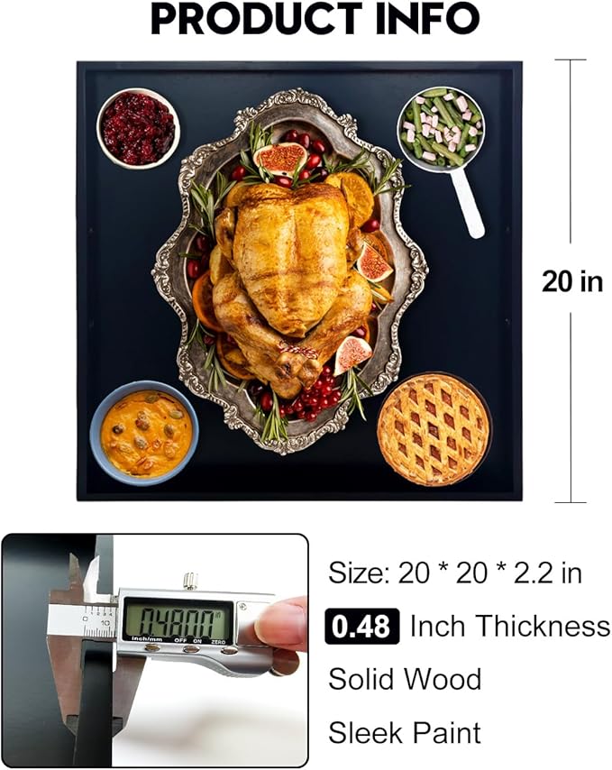 20 Inches Square Wooden Ottoman Tray Black, Large Wood Serving Tray with Handles for Living Room, Serving Food Breakfast, Ottoman Coffee Table Couch Sofa Kitchen-CasaMuseHome