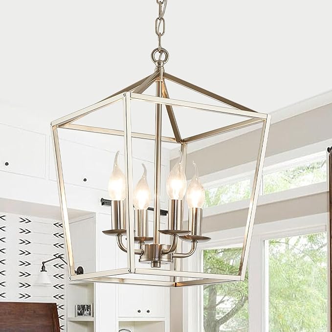 4-Light Brushed Nickel Farmhouse Chandelier, 12" Industrial Ceiling Light Lantern Pendant Light with Metal Cage Adjustable Height Rustic Hanging Light E12 Base for Kitchen Island Dining Room Entryway-CasaMuseHome