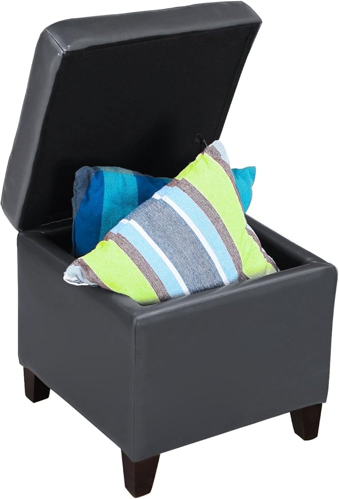 Adeco Bonded Leather Square Tufted Cubic Cube Storage Footstool, 18" Inch Ottomans & Storage Ottomans, With Lid, Dim Gray-CasaMuseHome