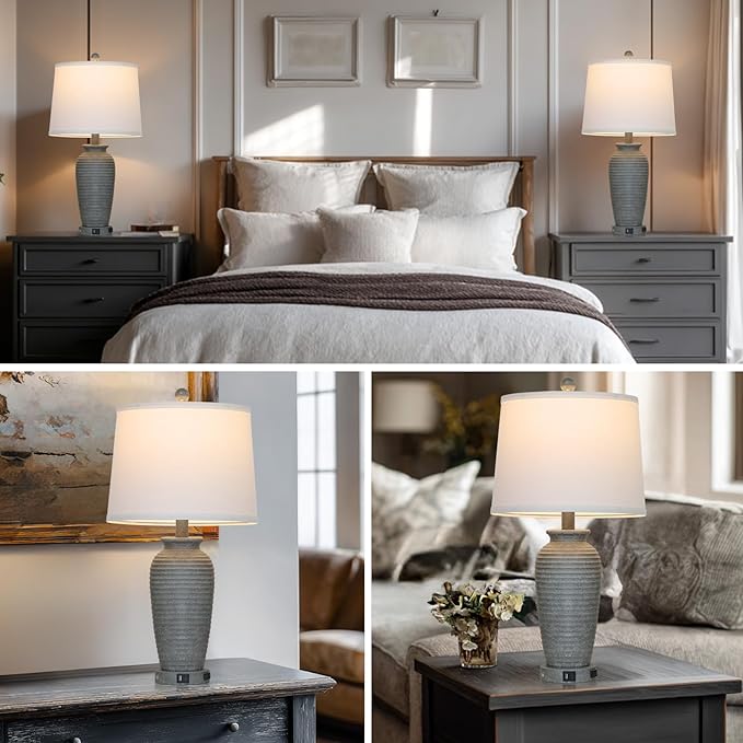 25" Grey Vintage Table Lamp Set of 2 Farmhouse Jar Table Lamps for Living Room，Touch Bedside Lamps with USB A+C Ports & AC Outlet, Pot Nightstand Lamps for Bedroom Living Room (LED Bulbs Included)-CasaMuseHome