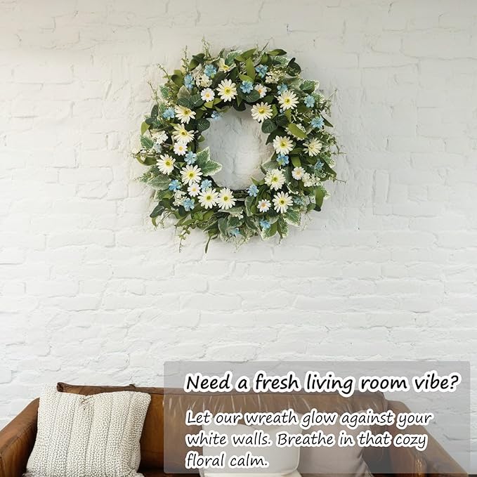 24 Inch Wreaths for Front Door, Large Spring Summer Artifiical Wreath with Blue White Daisy Flower, All Season Floral Wreaths for Porch Window Wall Decor Outside Indoor Outdoor Decorations-CasaMuseHome