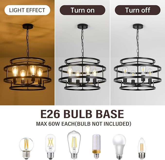 4-Light Black Chandelier for Dining Room, 19.7" Modern Farmhouse Pendant Light with Geometric Metal Frame, Industrial Flush Mount Ceiling Light for Living Room, Bedroom, Kitchen Island, Hallway, Foyer-CasaMuseHome