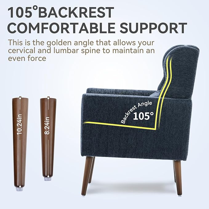 Accent Chair Set of 2, Upholstered Armchair with Pillow, Fabric Single Sofa Chair with Lounge Seat and Wood Legs Accent Chair for Living Room Small Spaces (Dark Blue, Set of 2)-CasaMuseHome