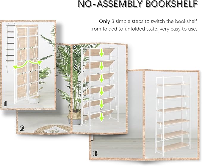 4NM No Assembly Foldable Bookshelf, 6-Shelf Collapsible Bookcase Storage for Small Spaces, 74" H, Natural White-CasaMuseHome