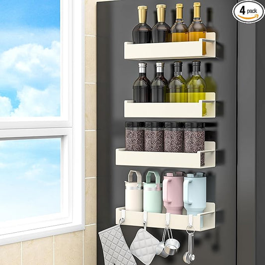 4 Pack Magnetic Spice Rack Organizer for Refrigerator and Oven, Cream White Fridge Organizers and Storage for Kitchen-CasaMuseHome