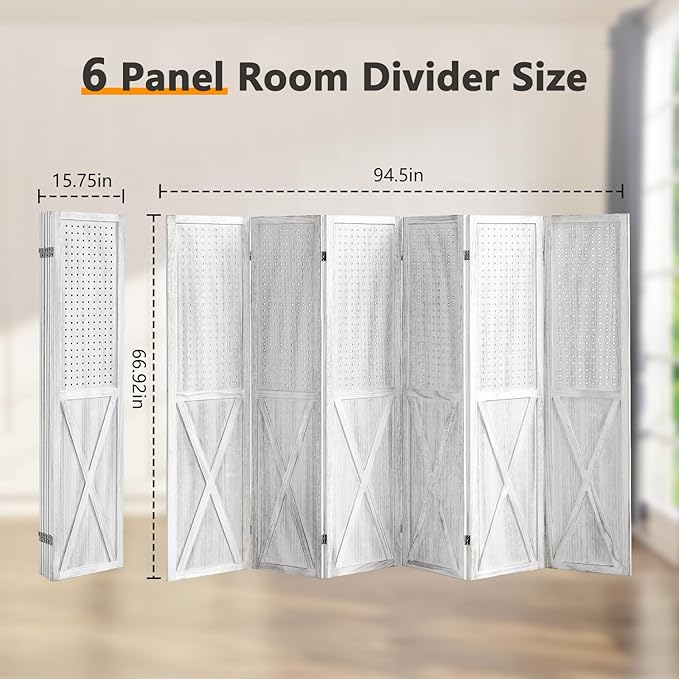 6 Panel Pegboard Room Divider, 5.6Ft Pegboard Display Folding Privacy Screens, Wood Room Divider Peg Board Display Freestanding for Trade Show Craft Show Home Wall Organizer, Retro White-CasaMuseHome