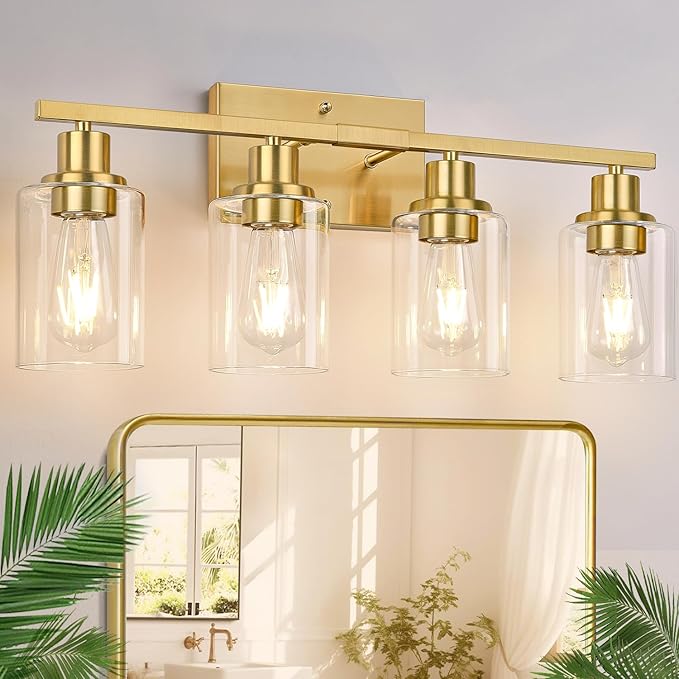 4-Light Vanity Lights with Clear Glass Shades, Brushed Gold Bathroom Light Fixtures Over Mirror, Modern Bathroom Wall Lamp for Mirror Living Room Cabinet Bedroom Porch-CasaMuseHome