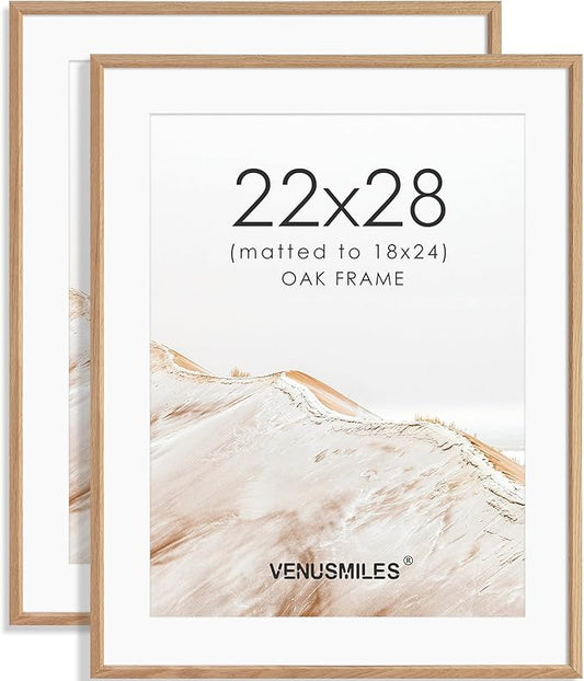 22x28 Poster Frame Set of 2 Natural Solid Oak Photo Frames with 18x24 Removable Mat Wall Hanging Large Handcrafted Frame with HD Plexiglass Wall and Tabletop Display Large Picture Frame-CasaMuseHome
