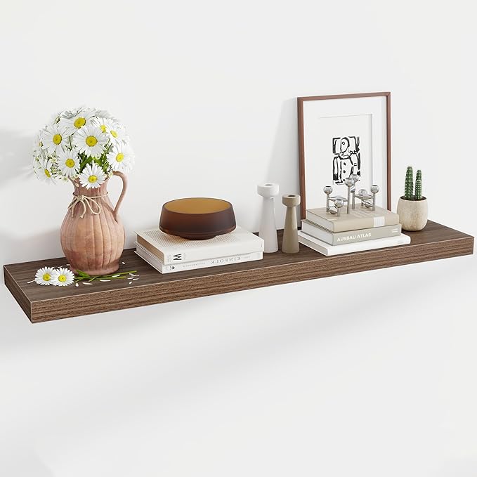 48 Inch Floating Shelves, 12 Inch Deep Floating Shelves for Wall, Floating Shelf with Invisible Brackets, Deep Shelves for Bathroom, Bedroom, Living Room, 1 Pack, Walnut-CasaMuseHome