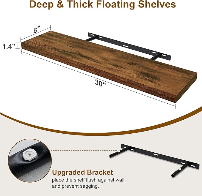 30 Inch Floating Shelves, Rustic Floating Wall Shelves 8 Inch Deep, 30 x 8 Floating Shelves for Home Decor, Deep Storage Shelves for Kitchen, Bathroom, Living Room, Rustic Brown Color, Set of 2-CasaMuseHome