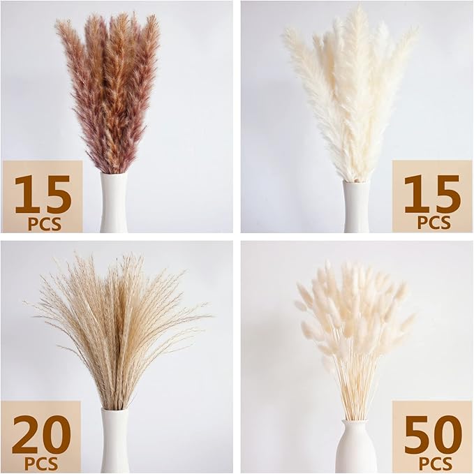 100 PCS Dried Flowers Pampas Grass Bouquet, Boho Table Decor, Bunny Tails Dried Flowers, Brown Pompas, White Pampas Grass for Wedding, Home, Rustic Party, Baby Shower Decorations-CasaMuseHome
