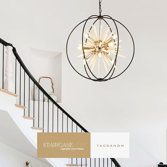 23.6" Black Gold 12-Light Globe Sputnik Chandelier Modern Adjustable Hanging Ceiling Glass Tube Pendant Light Fixture for Entryway Foyer Staircase Dining Living Room Hallway-CasaMuseHome