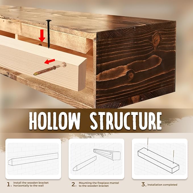 48x8x5 Fireplace Mantel - Handcrafted Hollow Rustic Solid Wood Wall Mounted Floating Shelf with Invisible Heavy Duty Wood Bracket (Weathered Brown)-CasaMuseHome