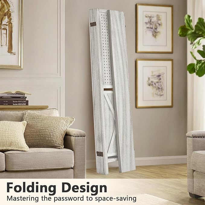 6 Panel Pegboard Display with 24 Hooks, Wooden Pegboard Room Divider Wall with Shelf, Rustic Room Dividers and Folding Privacy Screens, Bedroom, Jewelry Store, White-CasaMuseHome