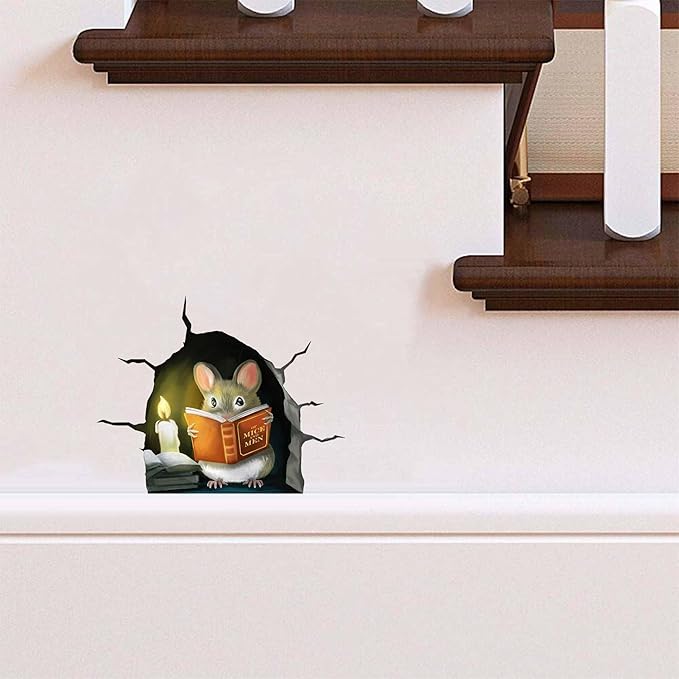 3D Mouse Reading Book in Mouse Hole, Decal Sticker, Removable Wall Decor, Book Lover Gift Idea, Baseboard, Wall Sticker Decal, Kids Room, Classroom, Library-CasaMuseHome