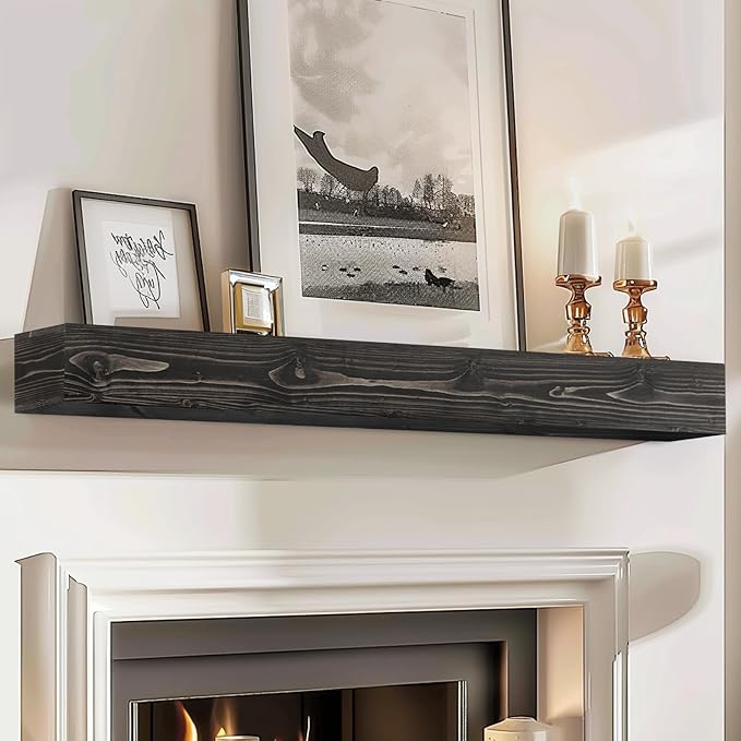 60x8x5 Fireplace Mantel - Handcrafted Hollow Rustic Solid Wood Wall Mounted Floating Shelf with Invisible Heavy Duty Wood Bracket (Weathered Black)-CasaMuseHome