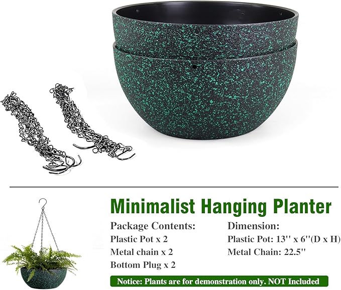 13inch Large Hanging Planters Pots for Outdoor Indoor Plants with Drainage Holes and Chain, 2pack Round Hanging Flower Pots for Garden Home Porch Decor, Black with Green Speckles-CasaMuseHome