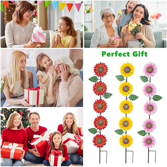 3 Pack Sunflowers Garden Stakes Decor,Metal Yard Art Decorative Garden Stakes,Metal Flowers Spring Garden Decor for Outside,Landscape,Patio(22.6 * 4.7IN)-CasaMuseHome