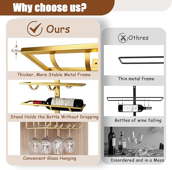 20 Bottle Wall Mount Wine Rack with Wine Glass Holder, Metal Wine Wall Rack, Wall Racks for Wine Bottles Display and Storage, Hanging Bottle Organizer for Living Dining Room Wine Cellar Bar (Gold)-CasaMuseHome