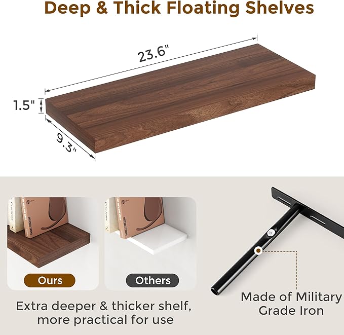 24 x 9 Floating Shelves, 9 Inch Deep Floating Shelf Wall Mounted, 24 Inch Bathroom Shelves Set of 2, Rustic Wood Wall Shelf for Bedroom, Living Room, Walnut Color-CasaMuseHome